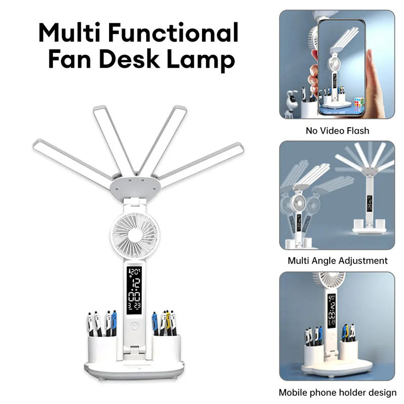 3-in-1 Multifunction LED Table Lamp with Fan, Calendar, Clock, and USB Rechargeable Desk Light - Optimistopia