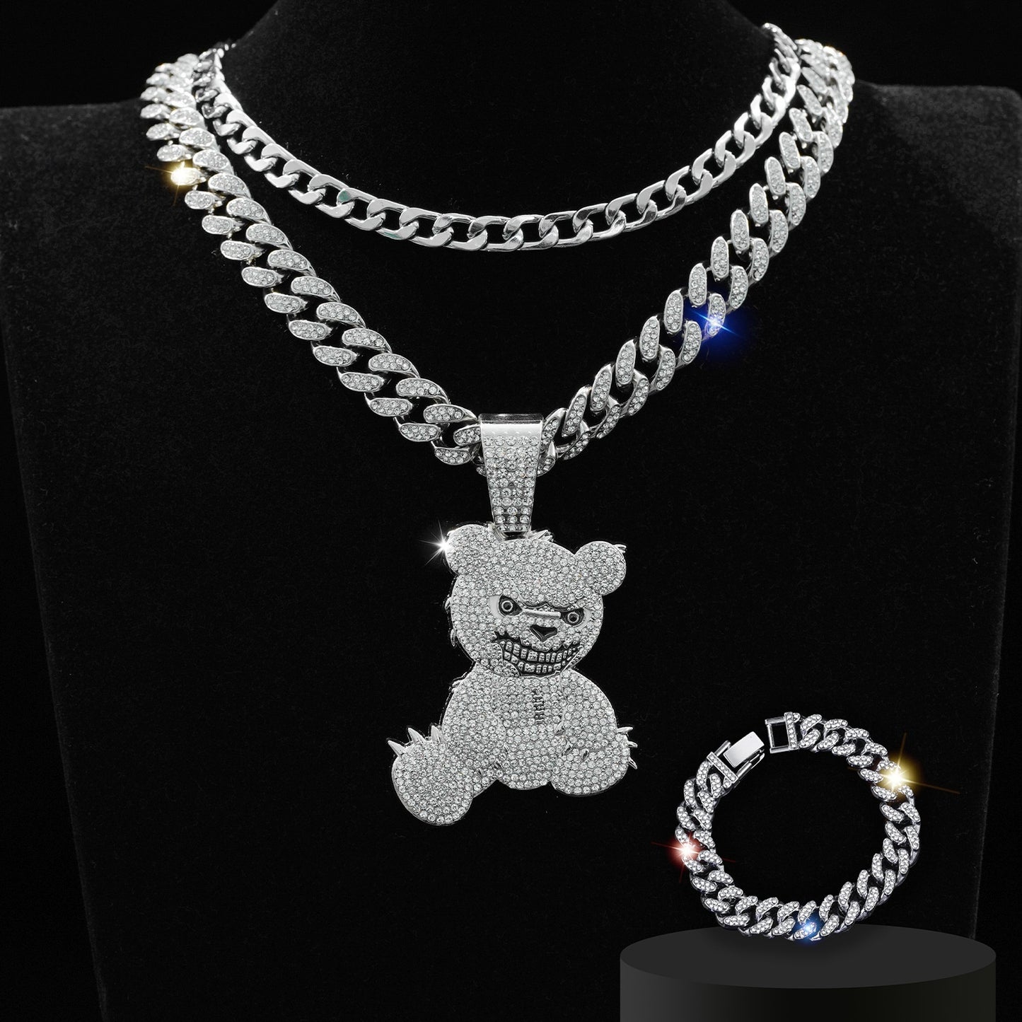 Fashion Jewelry Fully-jewelled Bear Pendant Necklace Bracelet Three-piece Set