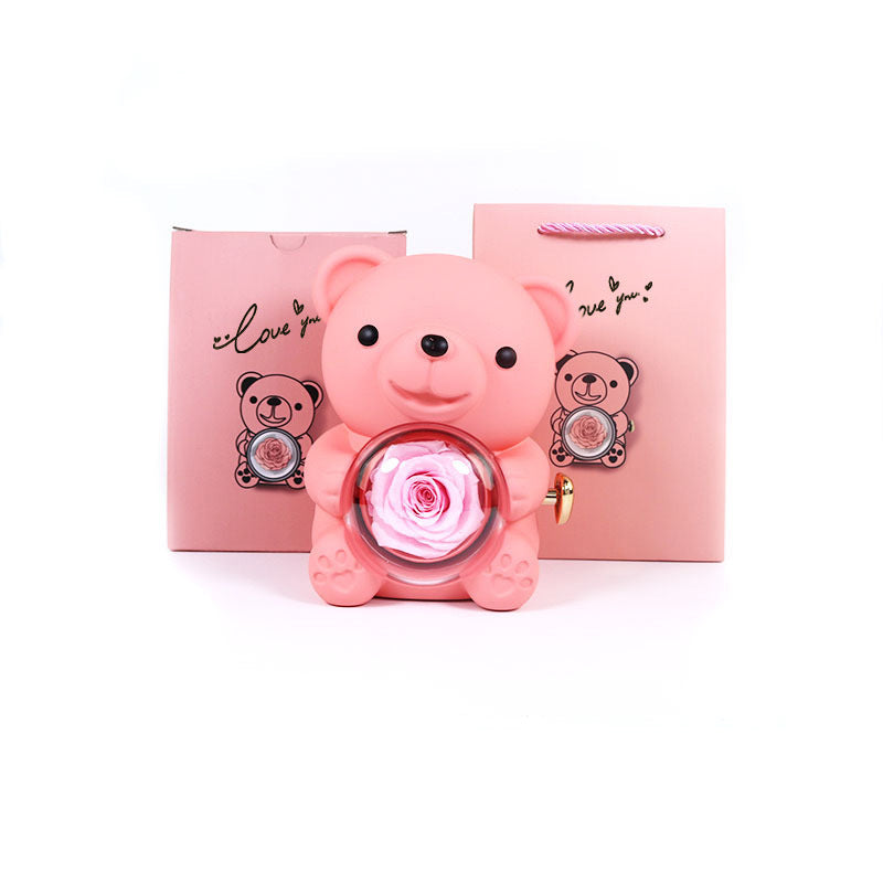 Eternal Rose Teddy Bear Gifts Box With Necklace Rotate Rose Jewelry Box Valentine Wedding Storage Gift Case For Women Girlfriend - Optimistopia