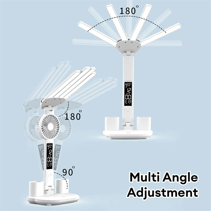 3-in-1 Multifunction LED Table Lamp with Fan, Calendar, Clock, and USB Rechargeable Desk Light - Optimistopia