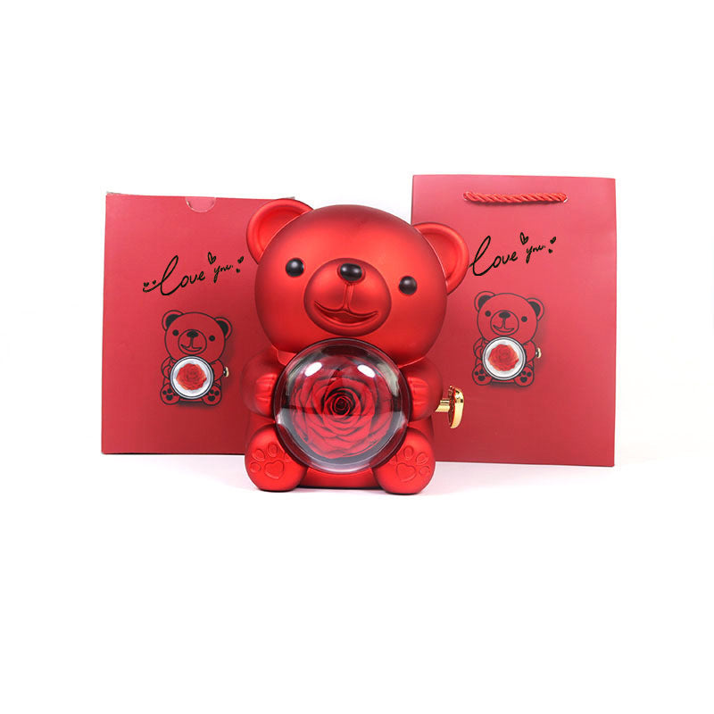 Eternal Rose Teddy Bear Gifts Box With Necklace Rotate Rose Jewelry Box Valentine Wedding Storage Gift Case For Women Girlfriend - Optimistopia