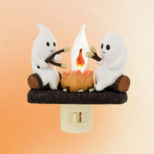 2024 Ghost Campfire Flickering Nightlight 2 Ghosts Roasting Plug Wall Spooky Fire Marshmallow Night Light For Halloween Decor