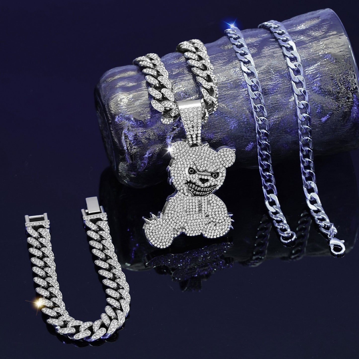 Fashion Jewelry Fully-jewelled Bear Pendant Necklace Bracelet Three-piece Set