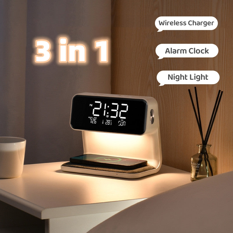 Creative 3 In 1 Bedside Lamp Wireless Charging LCD Screen Alarm Clock Wireless Phone Charger - Optimistopia