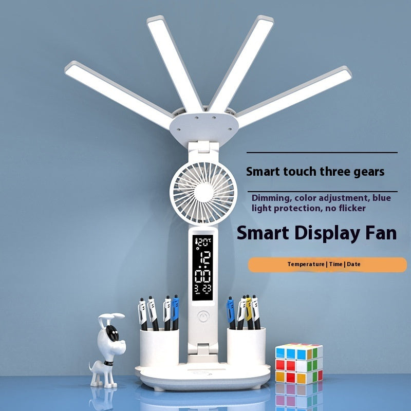 3-in-1 Multifunction LED Table Lamp with Fan, Calendar, Clock, and USB Rechargeable Desk Light - Optimistopia