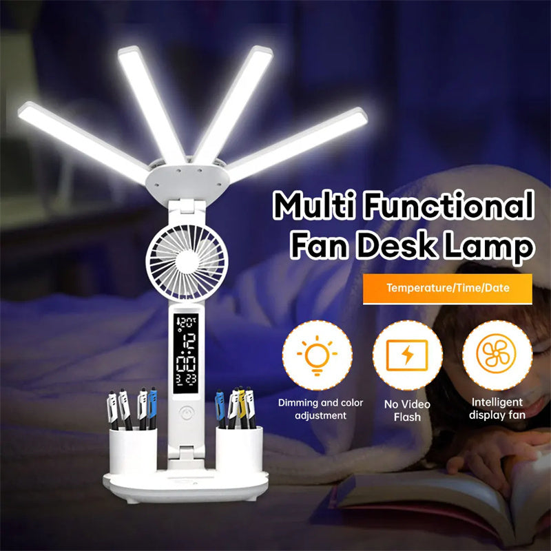 3-in-1 Multifunction LED Table Lamp with Fan, Calendar, Clock, and USB Rechargeable Desk Light - Optimistopia