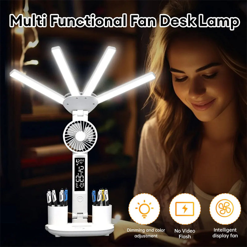 3-in-1 Multifunction LED Table Lamp with Fan, Calendar, Clock, and USB Rechargeable Desk Light - Optimistopia