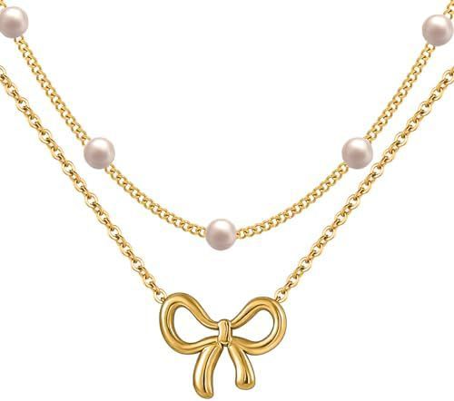 Simple Pearl Double Layer Choker Fashion Gold Color Necklaces Chain Small Bow Pendant Necklace Jewelry Gifts For Women Fashion Jewelry Valentine's Day Gifts