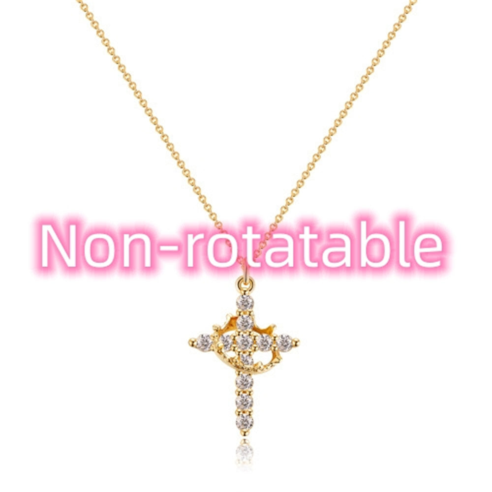 Fashion Jewelry Cross Full Diamond Crown Rotatable Necklace