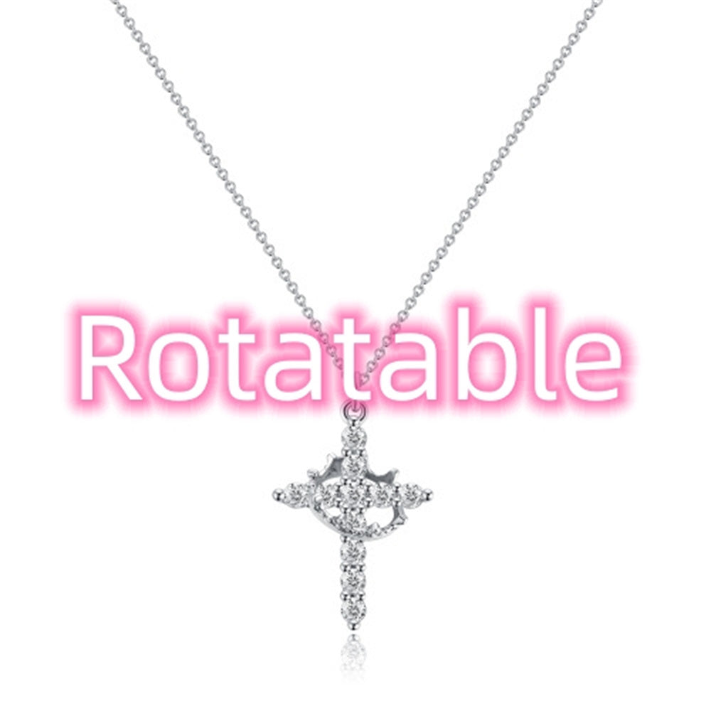 Fashion Jewelry Cross Full Diamond Crown Rotatable Necklace