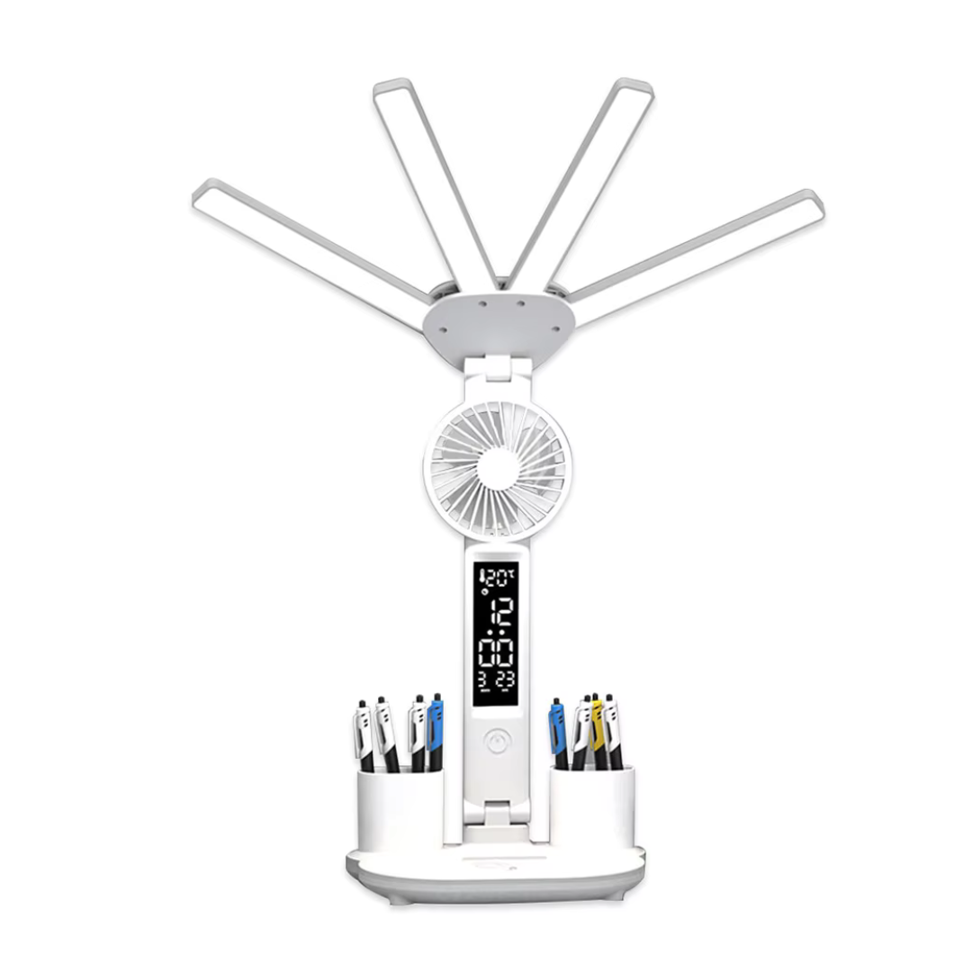 3-in-1 Multifunction LED Table Lamp with Fan, Calendar, Clock, and USB Rechargeable Desk Light